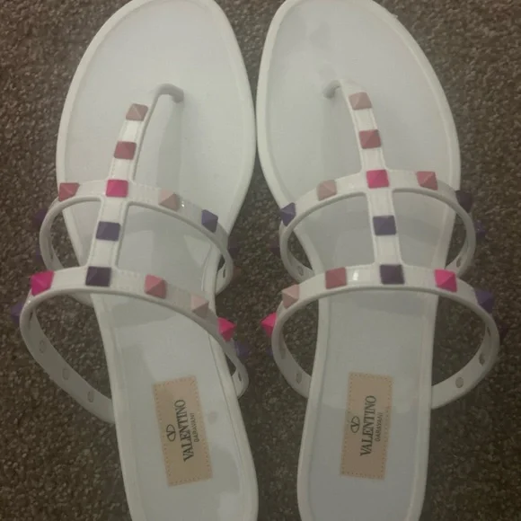 Valentino White Sandals with Pink and Purple Details